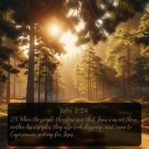 KJV Gospel of John 6:24 overlaying nature image scene: Summer heat brings out the scent of pine needles.;24. When the people therefore saw that Jesus was not there, neither his disciples, they also took shipping, and came to Capernaum, seeking for Jesus.
