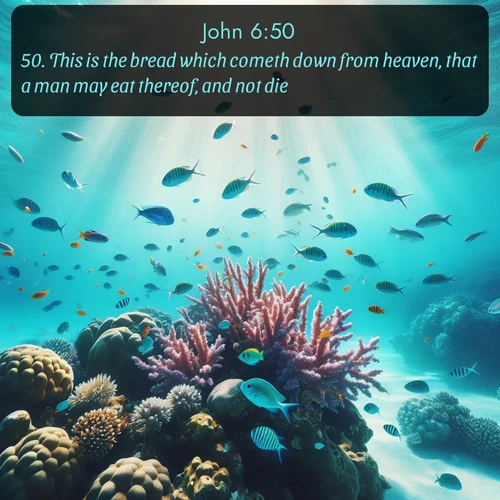 KJV Gospel of John 6:50 overlaying nature image scene: Tropical fish dart through coral reefs in crystal-clear waters.;50. This is the bread which cometh down from heaven, that a man may eat thereof, and not die.