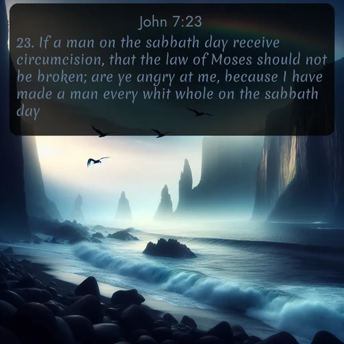 citation biblique : 23. If a man on the sabbath day receive circumcision, that the law of Moses should not be broken; are ye angry at me, because I have made a man every whit whole on the sabbath day?
 sur fond image nature