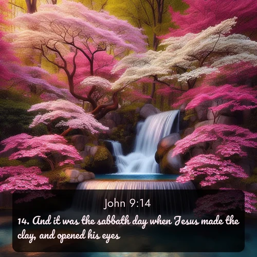 citation biblique : 14. And it was the sabbath day when Jesus made the clay, and opened his eyes.
 sur fond image nature