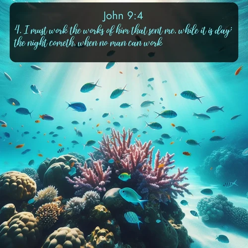 KJV Gospel of John 9:4 overlaying nature image scene: Tropical fish dart through coral reefs in crystal-clear waters.;4. I must work the works of him that sent me, while it is day: the night cometh, when no man can work.