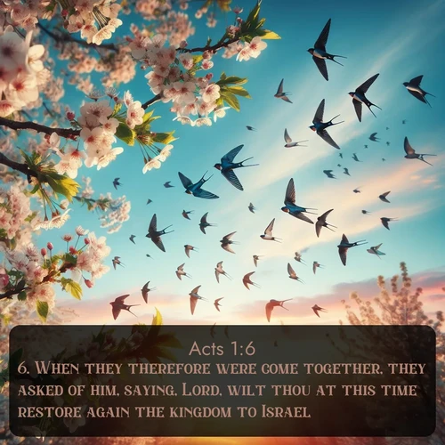 citation biblique : 6. When they therefore were come together, they asked of him, saying, Lord, wilt thou at this time restore again the kingdom to Israel?
 sur fond image nature