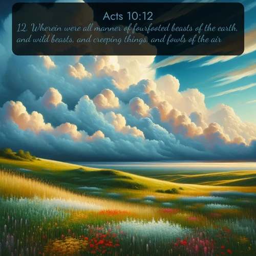 citation biblique : 12. Wherein were all manner of fourfooted beasts of the earth, and wild beasts, and creeping things, and fowls of the air.
 sur fond image nature