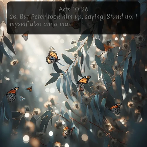 citation biblique : 26. But Peter took him up, saying, Stand up; I myself also am a man.
 sur fond image nature