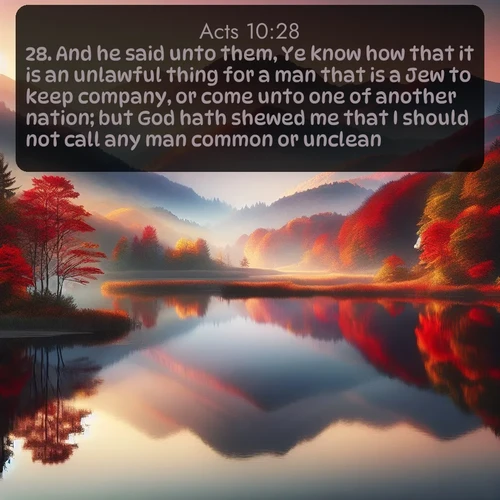 citation biblique : 28. And he said unto them, Ye know how that it is an unlawful thing for a man that is a Jew to keep company, or come unto one of another nation; but God hath shewed me that I should not call any man common or unclean.
 sur fond image nature