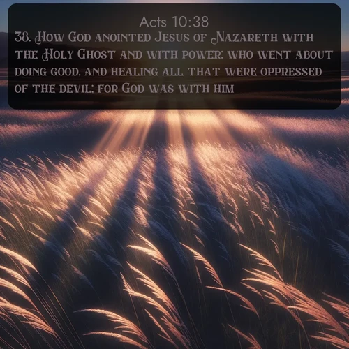 citation biblique : 38. How God anointed Jesus of Nazareth with the Holy Ghost and with power: who went about doing good, and healing all that were oppressed of the devil; for God was with him.
 sur fond image nature