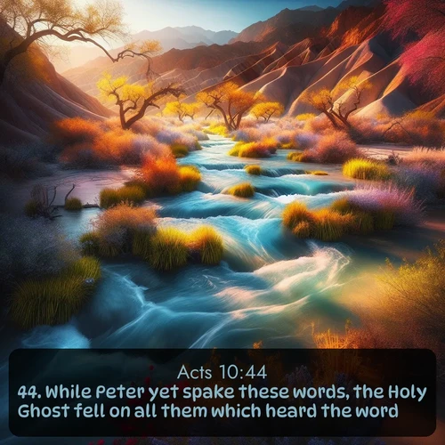 citation biblique : 44. While Peter yet spake these words, the Holy Ghost fell on all them which heard the word.
 sur fond image nature