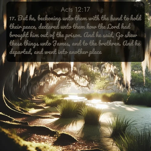 citation biblique : 17. But he, beckoning unto them with the hand to hold their peace, declared unto them how the Lord had brought him out of the prison. And he said, Go shew these things unto James, and to the brethren. And he departed, and went into another place.
 sur fond image nature