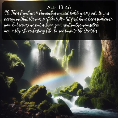 citation biblique : 46. Then Paul and Barnabas waxed bold, and said, It was necessary that the word of God should first have been spoken to you: but seeing ye put it from you, and judge yourselves unworthy of everlasting life, lo, we turn to the Gentiles.
 sur fond image nature
