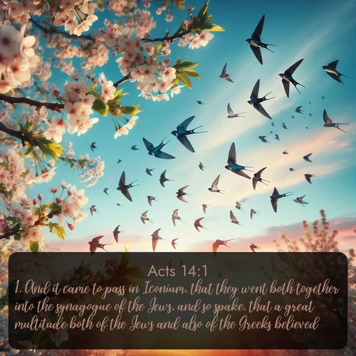 citation biblique : 1. And it came to pass in Iconium, that they went both together into the synagogue of the Jews, and so spake, that a great multitude both of the Jews and also of the Greeks believed.
 sur fond image nature