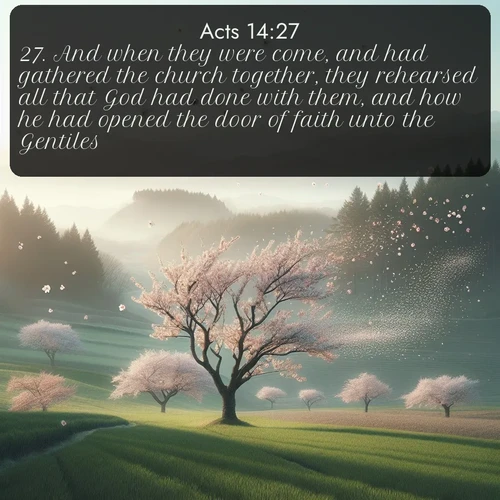 citation biblique : 27. And when they were come, and had gathered the church together, they rehearsed all that God had done with them, and how he had opened the door of faith unto the Gentiles.
 sur fond image nature