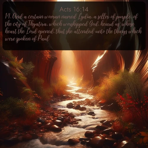 citation biblique : 14. And a certain woman named Lydia, a seller of purple, of the city of Thyatira, which worshipped God, heard us: whose heart the Lord opened, that she attended unto the things which were spoken of Paul.
 sur fond image nature