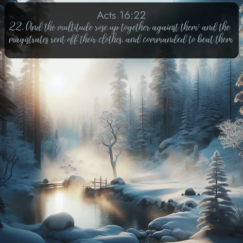 citation biblique : 22. And the multitude rose up together against them: and the magistrates rent off their clothes, and commanded to beat them.
 sur fond image nature