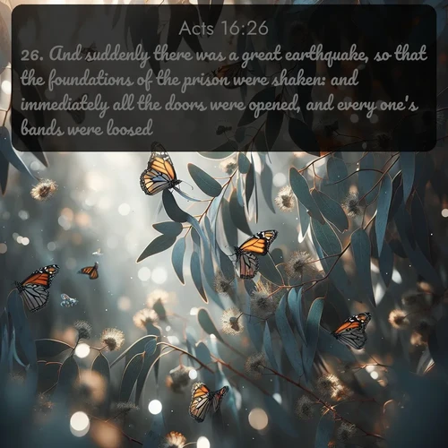 citation biblique : 26. And suddenly there was a great earthquake, so that the foundations of the prison were shaken: and immediately all the doors were opened, and every one&#039;s bands were loosed.
 sur fond image nature