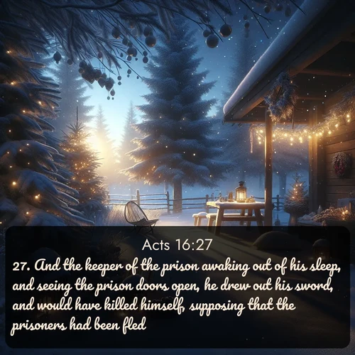 citation biblique : 27. And the keeper of the prison awaking out of his sleep, and seeing the prison doors open, he drew out his sword, and would have killed himself, supposing that the prisoners had been fled.
 sur fond image nature