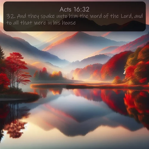 KJV Acts  ; image nature: image with the bible verse :And they spake unto him the word of the Lord, and to all that were in his house. ; Browse our collection of Bible verses paired with captivating photos of God’s creation, like crystal-clear lakes, majestic cliffs, and colorful skies. All images are free for download and sharing. Verse examples include KJV Acts 16:32. Current verse is overlayed with the thematic nature scene : Autumn colors reflect in a still mountain lake at sunrise. ; 16:32