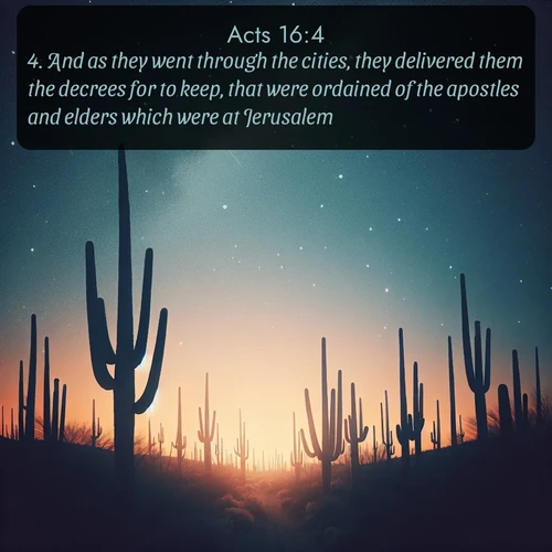 citation biblique : 4. And as they went through the cities, they delivered them the decrees for to keep, that were ordained of the apostles and elders which were at Jerusalem.
 sur fond image nature