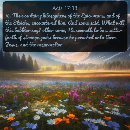 citation biblique : 18. Then certain philosophers of the Epicureans, and of the Stoicks, encountered him. And some said, What will this babbler say? other some, He seemeth to be a setter forth of strange gods: because he preached unto them Jesus, and the resurrection.
 sur fond image nature