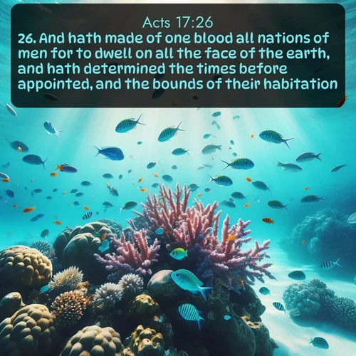 citation biblique : 26. And hath made of one blood all nations of men for to dwell on all the face of the earth, and hath determined the times before appointed, and the bounds of their habitation;
 sur fond image nature