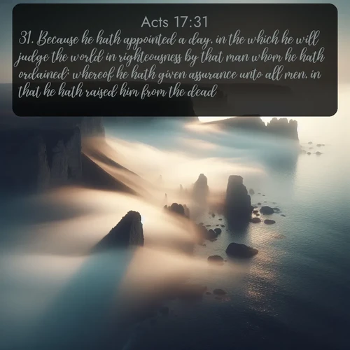 KJV Acts  ; image nature: image with the bible verse :Because he hath appointed a day, in the which he will judge the world in righteousness by that man whom he hath ordained; whereof he hath given assurance unto all men, in that he hath raised him from the dead. ; Explore free Bible verse images with stunning nature themes, including sunlit paths, forest clearings, and endless horizons. Perfect for desktop backgrounds or phone wallpapers. Verses include KJV Acts 17:31. Current verse is overlayed with the thematic nature scene : Coastal fog reveals and conceals seaside cliffs. ; 17:31