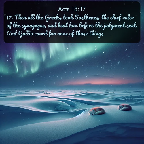 citation biblique : 17. Then all the Greeks took Sosthenes, the chief ruler of the synagogue, and beat him before the judgment seat. And Gallio cared for none of those things.
 sur fond image nature