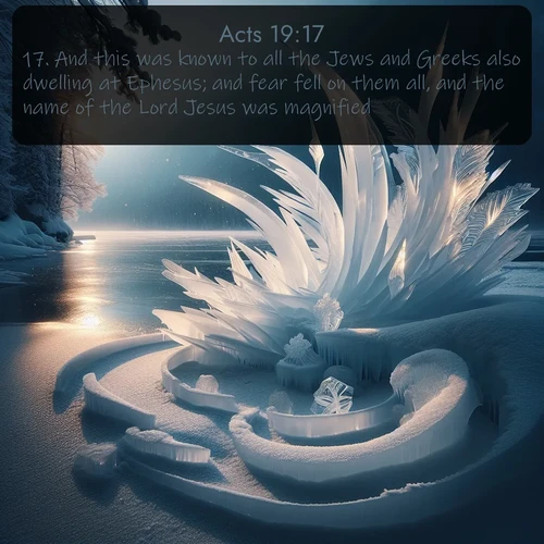 citation biblique : 17. And this was known to all the Jews and Greeks also dwelling at Ephesus; and fear fell on them all, and the name of the Lord Jesus was magnified.
 sur fond image nature