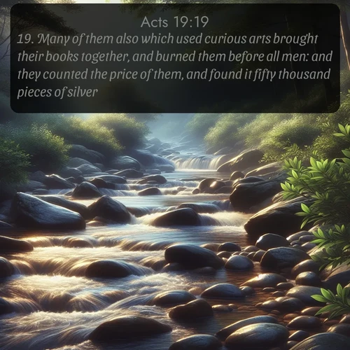 citation biblique : 19. Many of them also which used curious arts brought their books together, and burned them before all men: and they counted the price of them, and found it fifty thousand pieces of silver.
 sur fond image nature