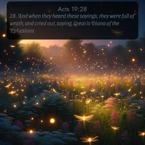 citation biblique : 28. And when they heard these sayings, they were full of wrath, and cried out, saying, Great is Diana of the Ephesians.
 sur fond image nature