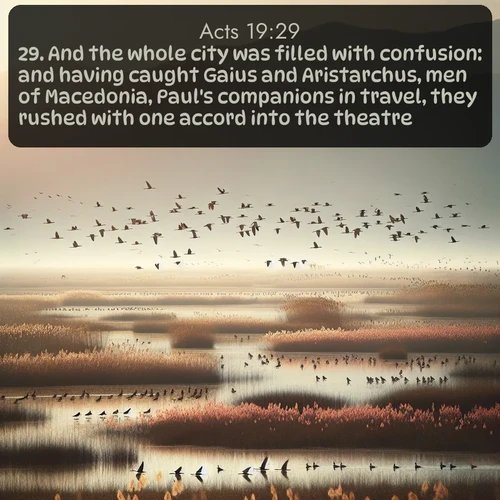 KJV Acts 19:29 overlaying nature image scene: Spring migration fills marshlands with calling birds.;29. And the whole city was filled with confusion: and having caught Gaius and Aristarchus, men of Macedonia, Paul's companions in travel, they rushed with one accord into the theatre.