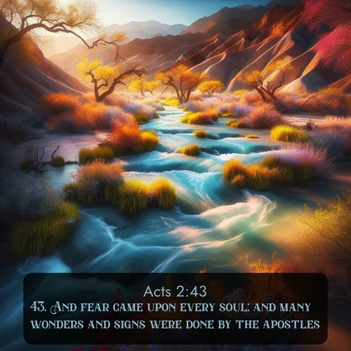 citation biblique : 43. And fear came upon every soul: and many wonders and signs were done by the apostles.
 sur fond image nature