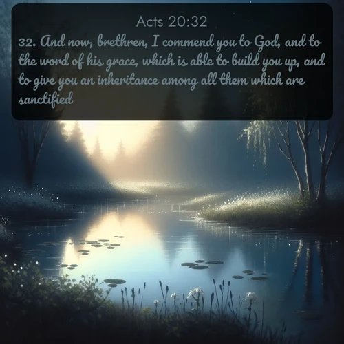 citation biblique : 32. And now, brethren, I commend you to God, and to the word of his grace, which is able to build you up, and to give you an inheritance among all them which are sanctified.
 sur fond image nature