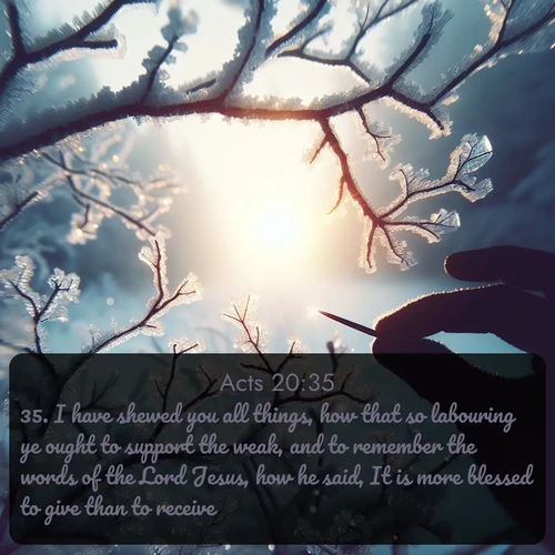citation biblique : 35. I have shewed you all things, how that so labouring ye ought to support the weak, and to remember the words of the Lord Jesus, how he said, It is more blessed to give than to receive.
 sur fond image nature
