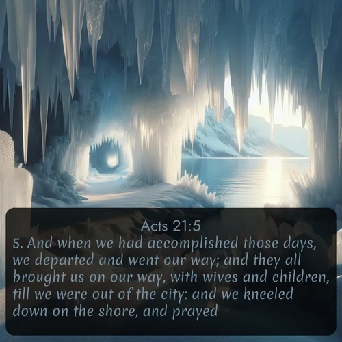 KJV Acts 21:5 overlaying nature image scene: Winter ice forms crystal caves along lake cliffs.;5. And when we had accomplished those days, we departed and went our way; and they all brought us on our way, with wives and children, till we were out of the city: and we kneeled down on the shore, and prayed.