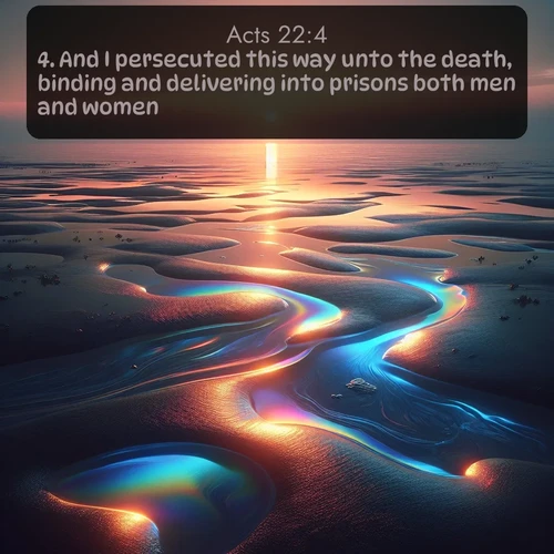 KJV Acts  ; image nature: image with the bible verse :And I persecuted this way unto the death, binding and delivering into prisons both men and women. ; Discover beautiful Bible verse images that combine inspiring scripture with captivating nature photos. Download high-quality images featuring lush valleys, peaceful streams, and endless horizons like KJV Acts 22:4. Current verse is overlayed with the thematic nature scene : Tidal pools reflect sunset colors at low tide. ; 22:4