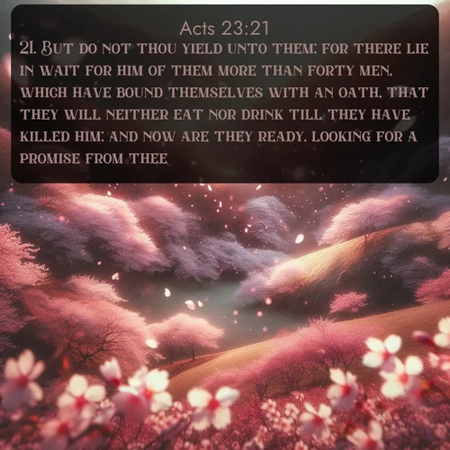 KJV Acts 23:21 overlaying nature image scene: Cherry blossoms blanket the hillside in soft pink snow, swirling through the air like nature's confetti.;21. But do not thou yield unto them: for there lie in wait for him of them more than forty men, which have bound themselves with an oath, that they will neither eat nor drink till they have killed him: and now are they ready, looking for a promise from thee.