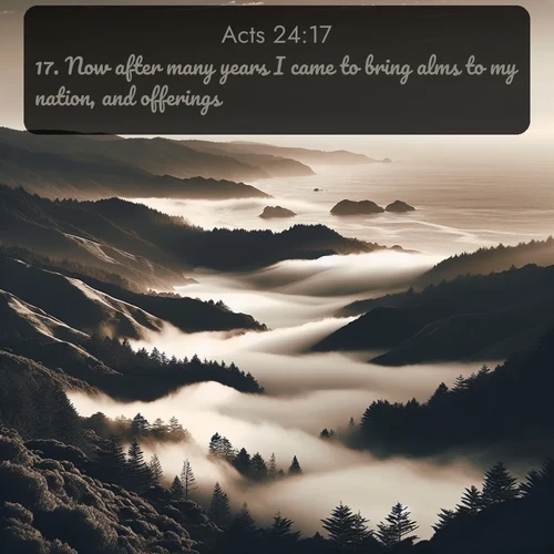 citation biblique : 17. Now after many years I came to bring alms to my nation, and offerings.
 sur fond image nature