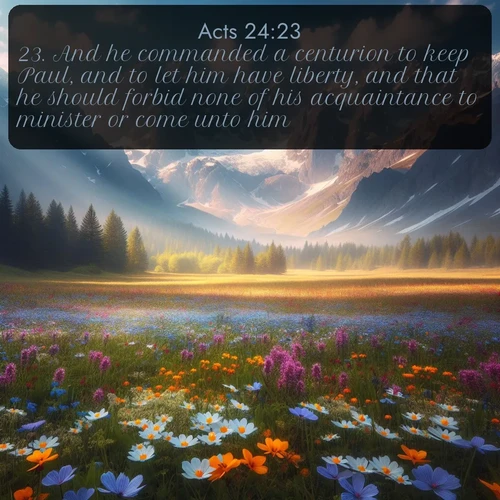 KJV Acts  ; image nature: image with the bible verse :And he commanded a centurion to keep Paul, and to let him have liberty, and that he should forbid none of his acquaintance to minister or come unto him. ; Explore a gallery of beautiful Bible verse images with tranquil natural settings—perfect for phone backgrounds or inspirational posts. Download your favorite verses like KJV Acts 24:23 today. Current verse is overlayed with the thematic nature scene : Spring wildflowers carpet an alpine meadow beneath snow-capped peaks. ; 24:23