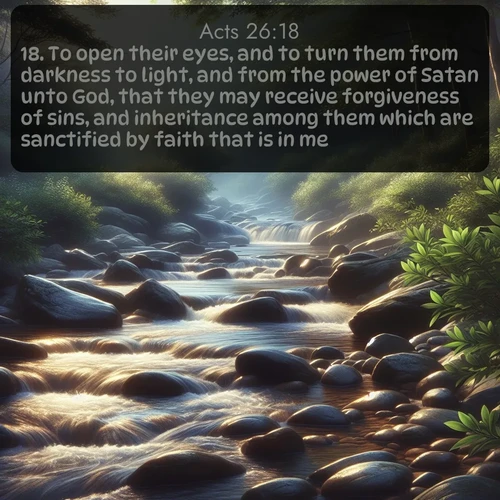 citation biblique : 18. To open their eyes, and to turn them from darkness to light, and from the power of Satan unto God, that they may receive forgiveness of sins, and inheritance among them which are sanctified by faith that is in me.
 sur fond image nature