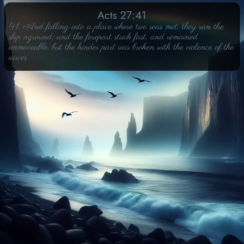 citation biblique : 41. And falling into a place where two seas met, they ran the ship aground; and the forepart stuck fast, and remained unmoveable, but the hinder part was broken with the violence of the waves.
 sur fond image nature