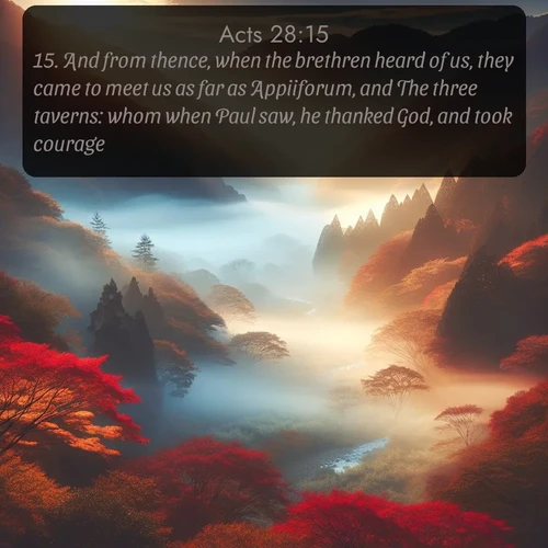 citation biblique : 15. And from thence, when the brethren heard of us, they came to meet us as far as Appiiforum, and The three taverns: whom when Paul saw, he thanked God, and took courage.
 sur fond image nature