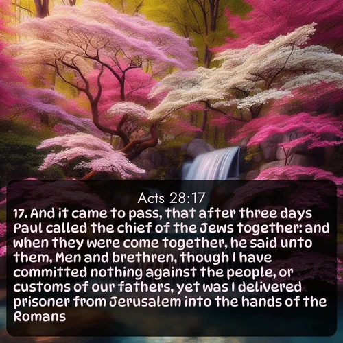 citation biblique : 17. And it came to pass, that after three days Paul called the chief of the Jews together: and when they were come together, he said unto them, Men and brethren, though I have committed nothing against the people, or customs of our fathers, yet was I delivered prisoner from Jerusalem into the hands of the Romans.
 sur fond image nature