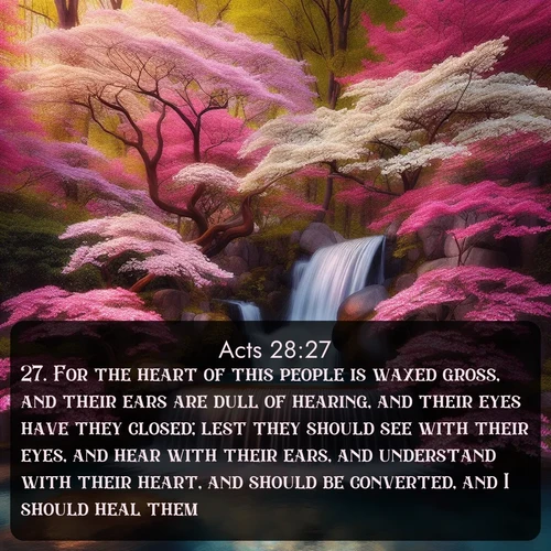 KJV Acts 28:27 overlaying nature image scene: A spring cascade plunges into a pool surrounded by flowering dogwood.;27. For the heart of this people is waxed gross, and their ears are dull of hearing, and their eyes have they closed; lest they should see with their eyes, and hear with their ears, and understand with their heart, and should be converted, and I should heal them.