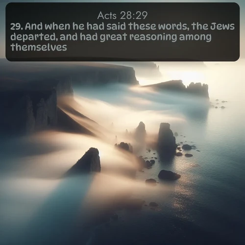 citation biblique : 29. And when he had said these words, the Jews departed, and had great reasoning among themselves.
 sur fond image nature