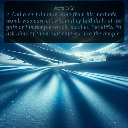 citation biblique : 2. And a certain man lame from his mother&#039;s womb was carried, whom they laid daily at the gate of the temple which is called Beautiful, to ask alms of them that entered into the temple;
 sur fond image nature