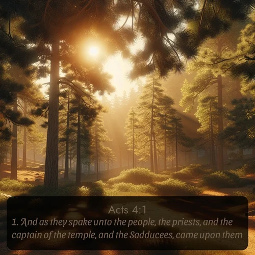 citation biblique : 1. And as they spake unto the people, the priests, and the captain of the temple, and the Sadducees, came upon them,
 sur fond image nature