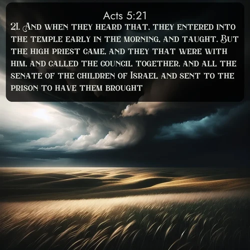 citation biblique : 21. And when they heard that, they entered into the temple early in the morning, and taught. But the high priest came, and they that were with him, and called the council together, and all the senate of the children of Israel and sent to the prison to have them brought.
 sur fond image nature