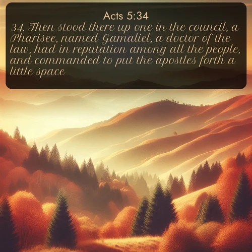 KJV Acts  ; image nature: image with the bible verse :Then stood there up one in the council, a Pharisee, named Gamaliel, a doctor of the law, had in reputation among all the people, and commanded to put the apostles forth a little space; ; Explore an inspiring selection of Bible verse images adorned with nature photos, such as starry skies, verdant hills, and golden beaches. Each image reflects the peace and beauty of God&#039;s creation with vibrant colors and varied fonts. Share uplifting verses like KJV Acts 5:34. Current verse is overlayed with the thematic nature scene : Autumn colors paint hillsides in warm earth tones. ; 5:34