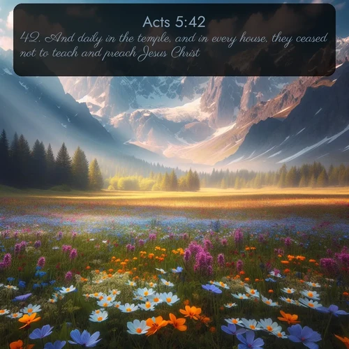 citation biblique : 42. And daily in the temple, and in every house, they ceased not to teach and preach Jesus Christ.
 sur fond image nature