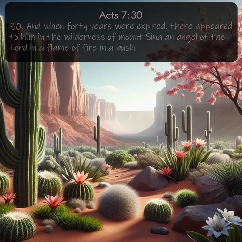 citation biblique : 30. And when forty years were expired, there appeared to him in the wilderness of mount Sina an angel of the Lord in a flame of fire in a bush.
 sur fond image nature