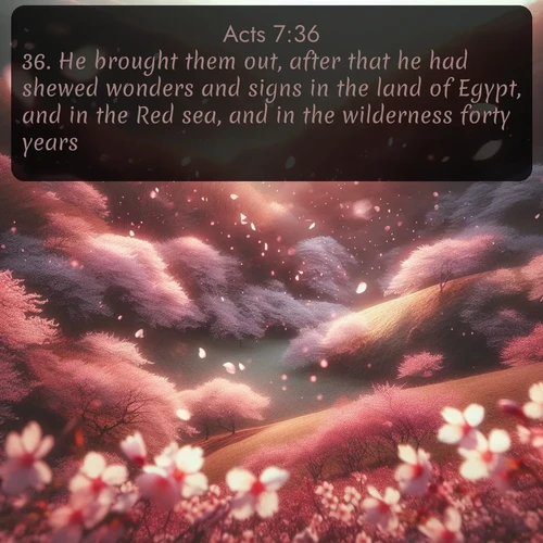 citation biblique : 36. He brought them out, after that he had shewed wonders and signs in the land of Egypt, and in the Red sea, and in the wilderness forty years.
 sur fond image nature